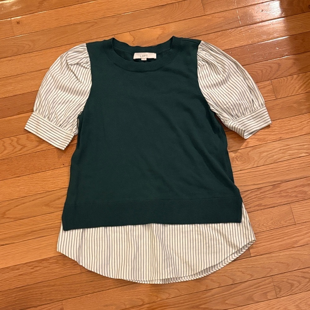 LOFT Forest Green Knit Layered Top with White Pinstripe Sleeves